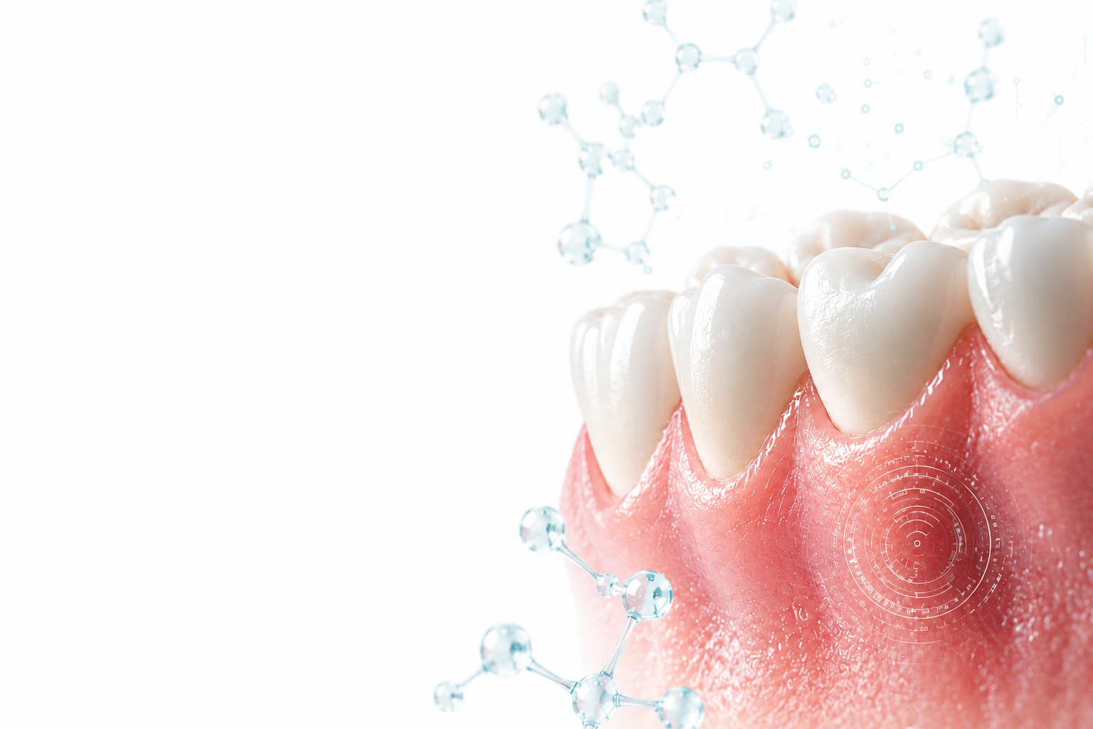 Periodontal health — teeth and gum tissue with molecular science overlay