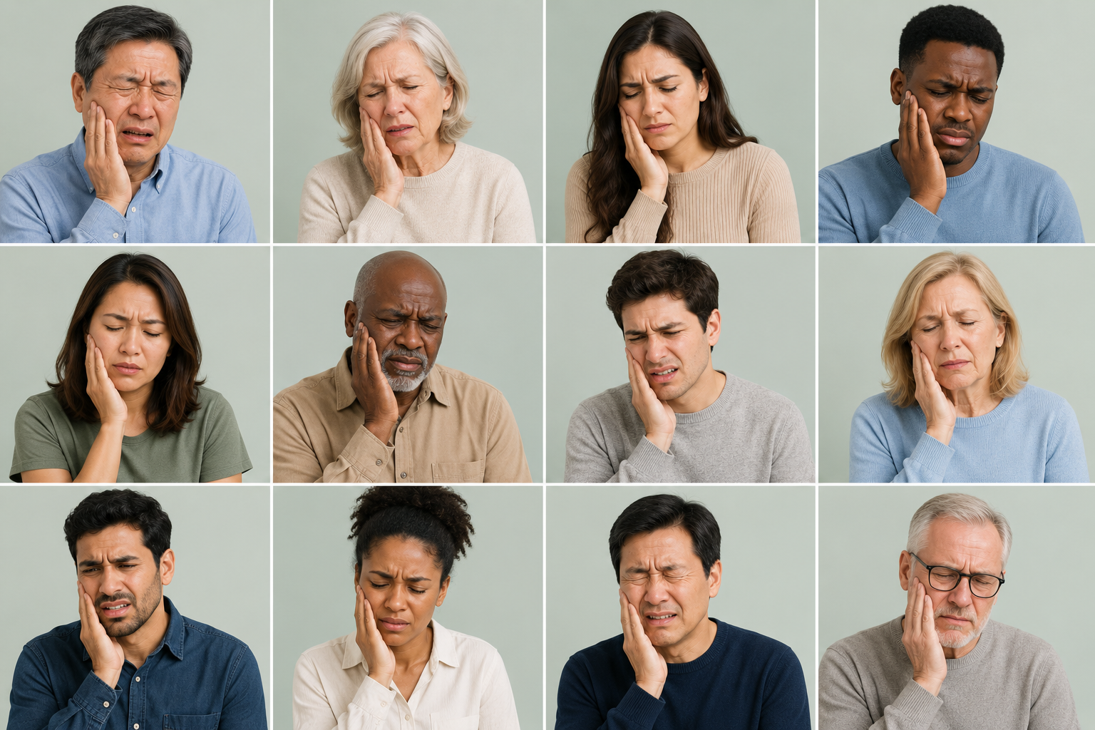 Twelve diverse Americans showing signs of dental discomfort — periodontal disease affects every age, ethnicity, and background across the U.S.