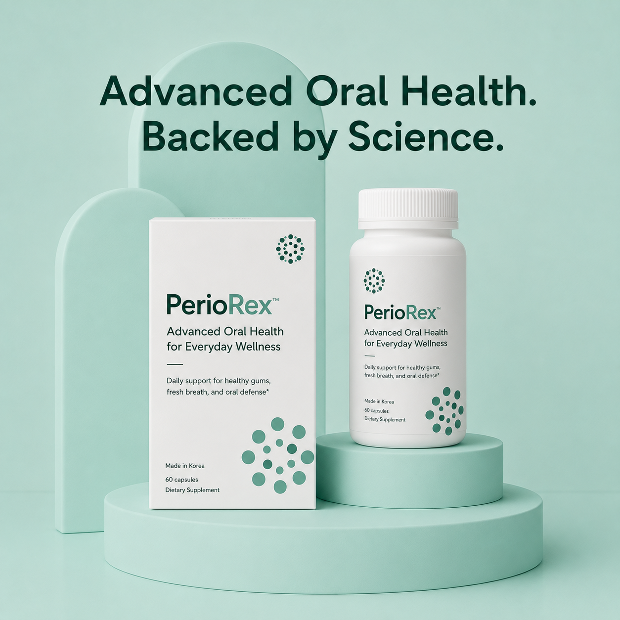 PerioRex — Advanced Oral Health packaging: box and bottle, 60 capsules, GMP-manufactured dietary supplement